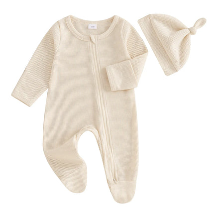 Pudcoco Newborn Baby Fall Footed Romper Solid Color Waffle Long Sleeve Crew Neck Zipper Jumpsuit with Hat 0-12M