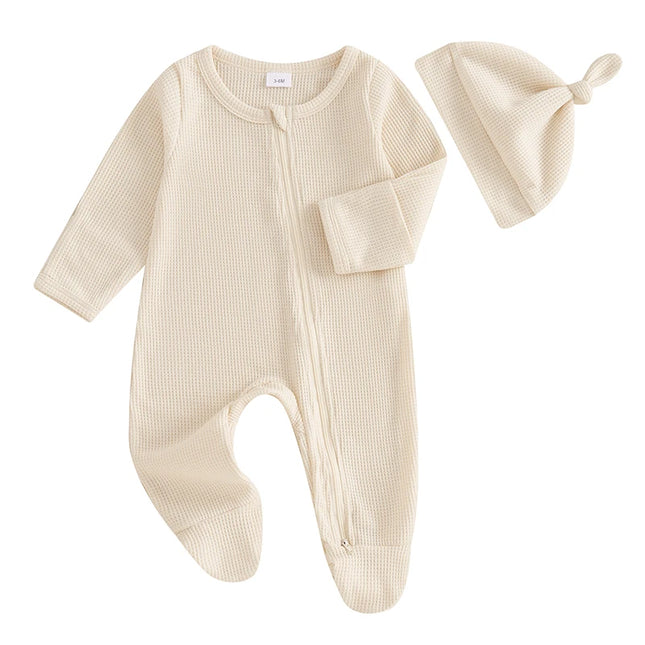 Pudcoco Newborn Baby Fall Footed Romper Solid Color Waffle Long Sleeve Crew Neck Zipper Jumpsuit with Hat 0-12M