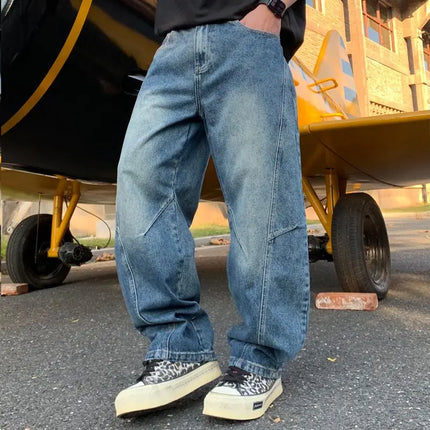 American Vintage Blue Small Curved Knife Casual Pants for Men, New Fall Loose Wide-Leg Long Pants