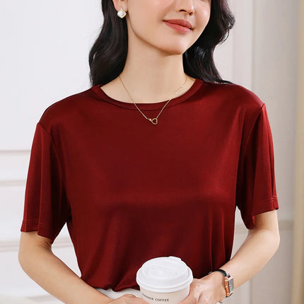 Summer Women's Short Sleeve O-Neck T-Shirt Knitted Acetate Fabric High-End Thin Pullover Top for Ladies