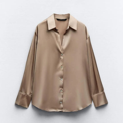 Classic Silk Satin Feel Shirt New Spring Collection Long Sleeve Polyester Fabric Women's Premium Fashion Regular Length