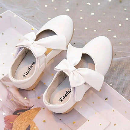 Girls Leather Shoes with Big Bow-knot Princess Sweet Classic Fashion Children Party Shoes White for Wedding Soft Anti-slippery