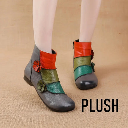 WOIZGIC Mother Women's Genuine Leather Boots Female Ankle Shoes Zipper Ethnic Style Autumn Plush Fur Warm Flower