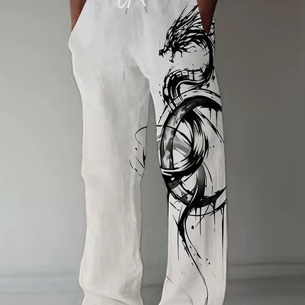 Spring Summer New Men's Cool Touch Trousers Dragon Print Stretch Breathable Trousers Hawaii Beach Drawstring Trousers