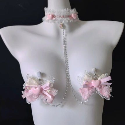 Pink Bow Heart Collar Sexy Nipple Clamps Sweet Style Accessories for Female BDSM Training Fetish Breast Binding Adult Sex Toys