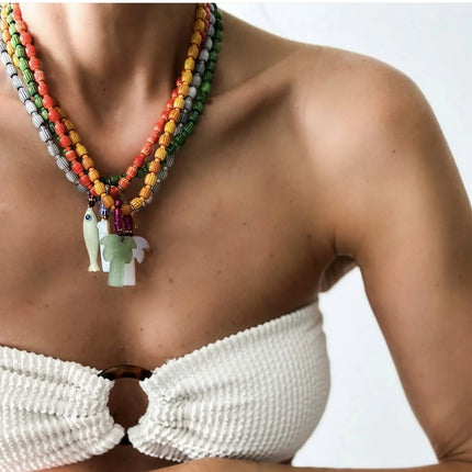Nepal Style Glass Beads Spacial Print Lampwork Beads Necklace Handmade with Fish Coconut Tree