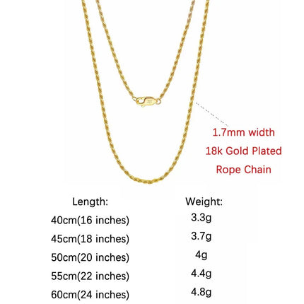 ORSA JEWELS 18K Gold over Authentic 925 Sterling Silver 1.7mm Diamond-Cut Rope Chain Necklace for Man Woman Twist Chain SC29