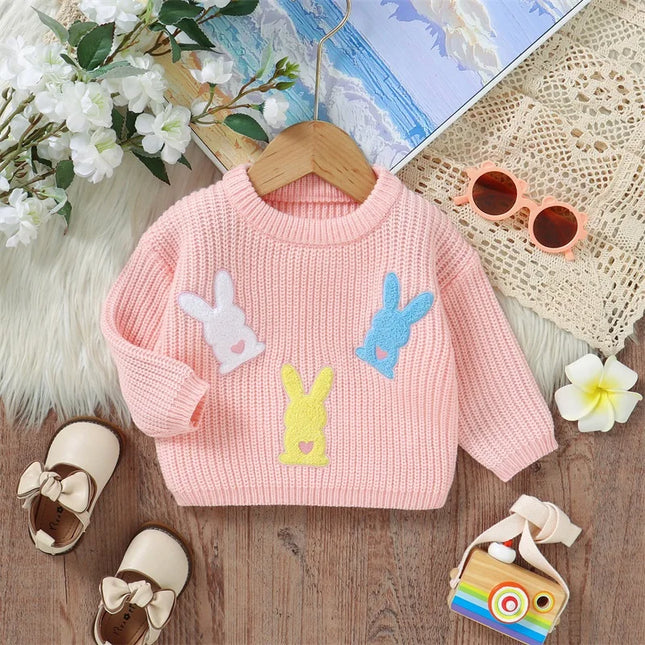 Toddler Girls Knit Easter Sweater Long Sleeve O Neck Bunny Embroidery Pullover Knitwear