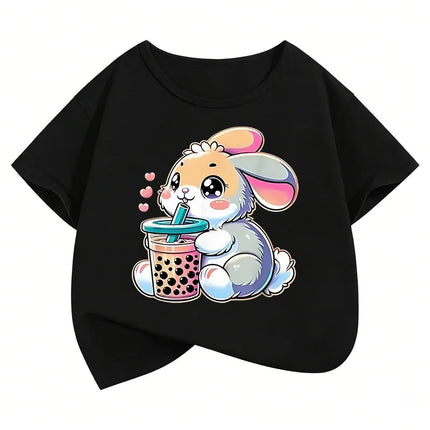 Cute Rabbit Graphic Kids T-shirts Summer Short Sleeve Tees Cartoon Animal Boys Girls Clothes Kawaii Tops Y2K Children T-shirt