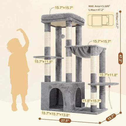 Heavy Duty Cat Tree for Indoor Large Adult Cats, Multi-Level Plush Condo with Scratching Posts, Hammock & Toy Balls