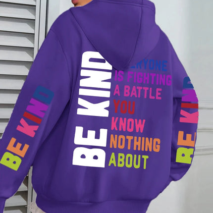 Be Kind Hoodies Women Letter Prints Winter Fleece Warm Hooded Street Pocket Loose Sweatshirts Casual All-match Woman Clothes