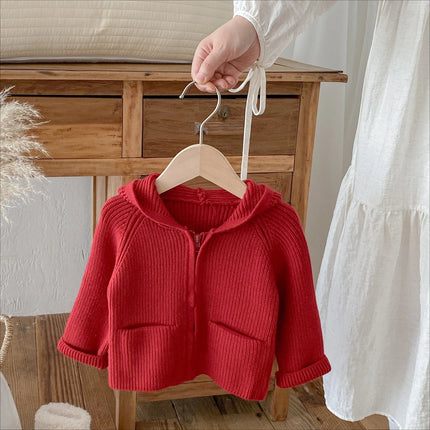 New Spring Autumn Toddler Girl Boy Sweater Coat Knit Hooded Cardigan Long Sleeve Top with Pockets Warm Casual Outerwear A5336
