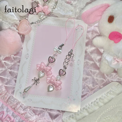 Pink Princess Bow Heart Phone Charm Bowknot Imitation Pearl love Star Beaded Lanyard Chain Keyring for Phone Backpack Wallet