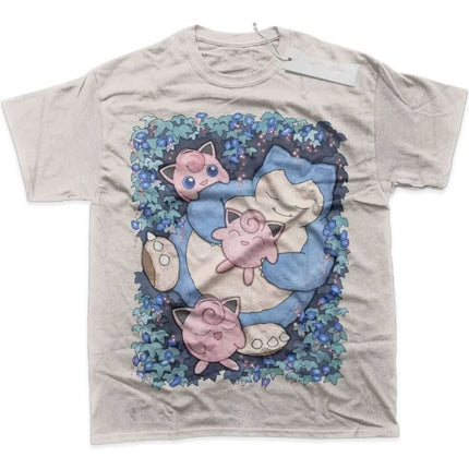 Men's T Shirt Men's Sports T Shirt Men's Short Sleeve T Shirt Pokemon Snorlax Sleeping with Two Jigglypuff on Blue Purple Leaf