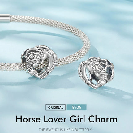 WOSTU Solid 925 Sterling Silver Lovely Girl & Horse Charm Heart Guardian Pendant Fit DIY Bracelet Necklace Heart Jewelry Series