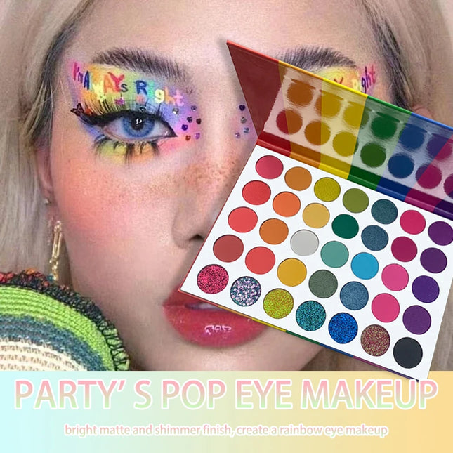 35-Color Rainbow Eyeshadow Palette, Matte, Shimmer Finishes, High, Blendable Long-Lasting Eye Makeup, Vibrant Shades for Parties