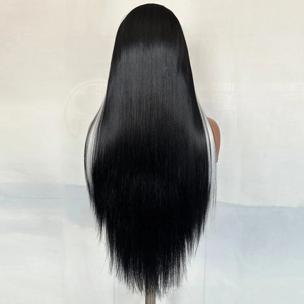 Women's Lace Front Wig Hand Hooked Black with White Highlights Long Straight Heat Resistant Synthetic Lace Wig For Cosplay
