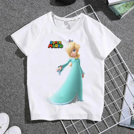 The New 2026 Super Mario Mary Cartoon Parent-child Outfit Male and Female Students Summer White T-shirt with Short Sleeves