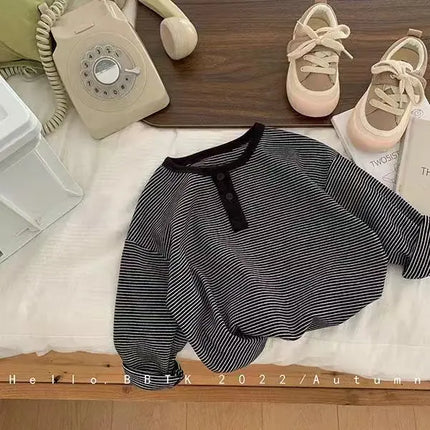 Children's Spring Autumn Long Sleeved T-shirt Boys Girls Korean Striped Children's Base Layer Shirt Baby Simple Top