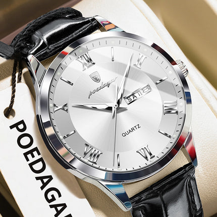 POEDAGAR Classic Luxury Men's Wristwatch Date Week Leather Business Man Watch Waterproof Luminous Fashion Quartz Watches For Men