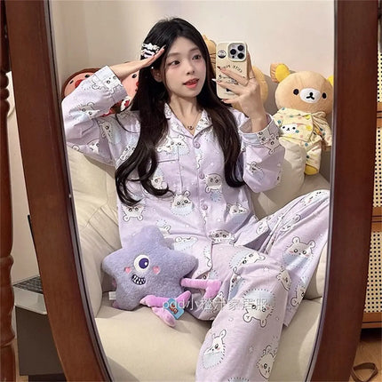 Momonga cartoon pajamas cute Chiikawa Momonga Women's long-sleeved shirt and pants for spring and autumn Girls' home wear set