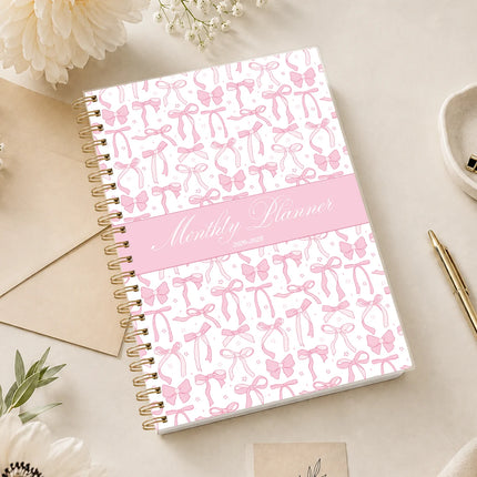 1PC 2026.7-2028.6 Monthly Planner, 24 Month Pink Bow Spiral Agenda Notebook, A5 Schedule Organizer with Notes Pages