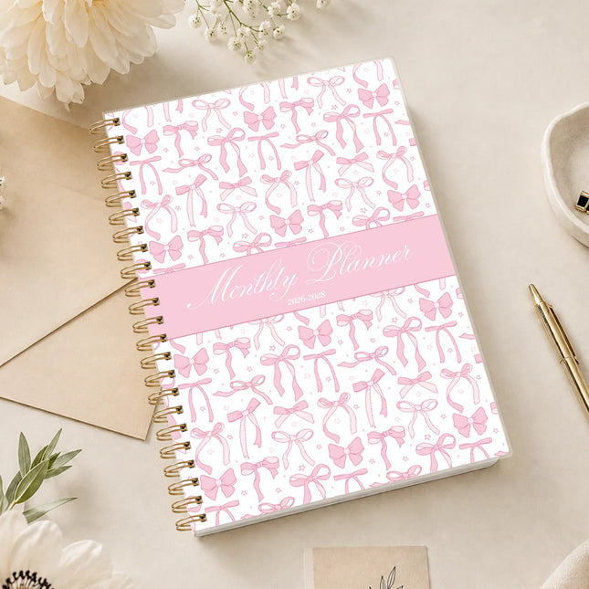 1PC 2026.7-2028.6 Monthly Planner, 24 Month Pink Bow Spiral Agenda Notebook, A5 Schedule Organizer with Notes Pages