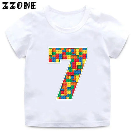 Building Blocks Bricks Number Bow Print Cartoon Boys Clothes 1 2 3 4 5 6 7 8 9 Years Birthday Kids T-shirt Baby Girls T-Shirts