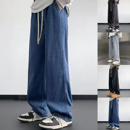 Men Elastic Drawstring Wide Leg Jeans Loose Straight High Waist Baggy Denim Pants Streetwear Hip Hop Trousers Spring