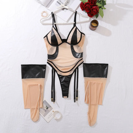 Sexy Mesh Garter Belt Lingerie Set Women See Through with PU Leather Push Up Bra Stocking Erotic Costumes Sexi Outfits