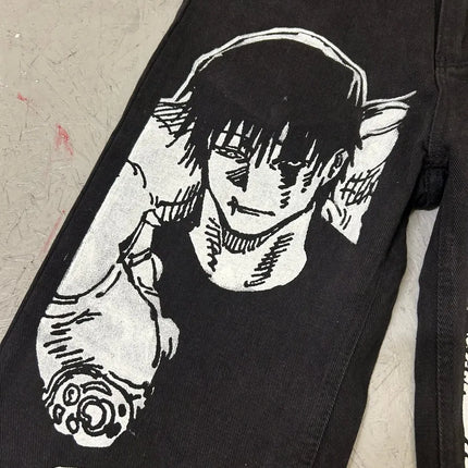 Harajuku anime characters printing jean new wide leg denim pants y2k mens jeans streetwear style couples trouser black jeans