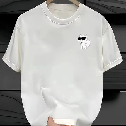 Minimalist Cat Print Women's T-Shirt Retro Unisex Oversized Short-Sleeve Y2K Style Top Short-Sleeve Athletic Soft Cotton T-Shirt