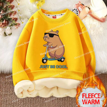 Kawaii Capybara Children's Clothing Lamb Wool Sweatshirt Boys Girls Winter Warm Thick Long Sleeved Pullover Hoodies Anime Gifts