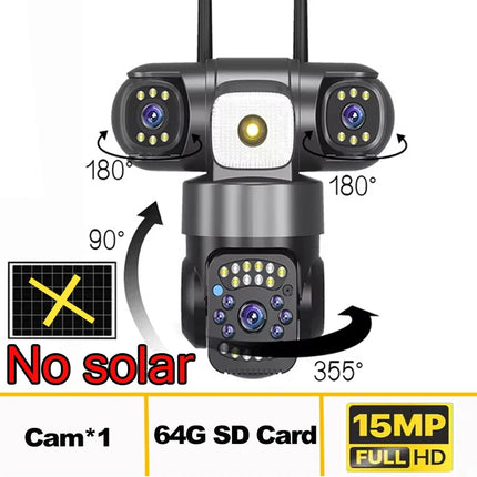 15MP IP Wifi Camera Wireless Solar Camera PTZ 3 Lens Outdoor Waterproof 10X Zoom Night Vision PIR Human Detect Security Camera