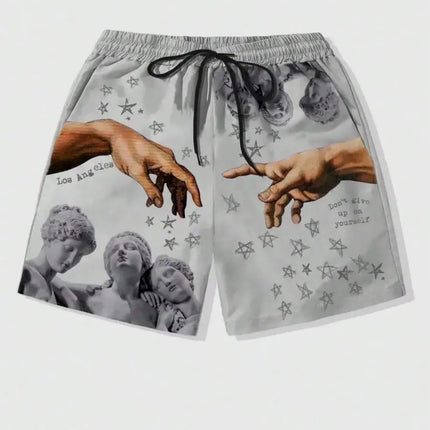European and American men's summer luxurious statue print comfortable breathable drawstring shorts outdoor vacation casual pants