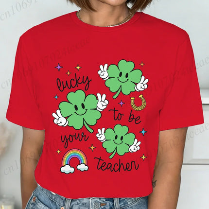St Patrick's Day Teacher Shirt, Lucky Teacher Women's T-Shirts，Retro T-Shirts，unisex Tops Tees,short Sleeve Women's Clothing