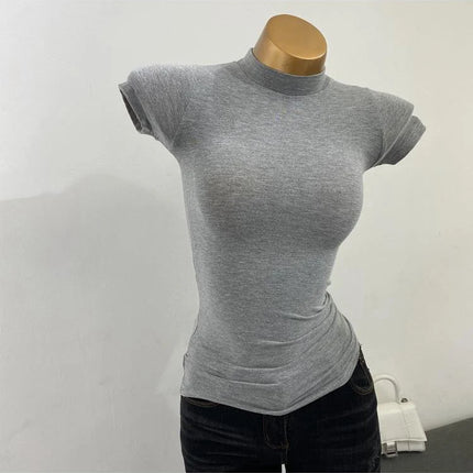 Korean Transparent Short-Sleeved Slim-Fit Elastic Solid Color Bottoming T-shirt with Half-High Collar - Sexy Big Chest T-shirt