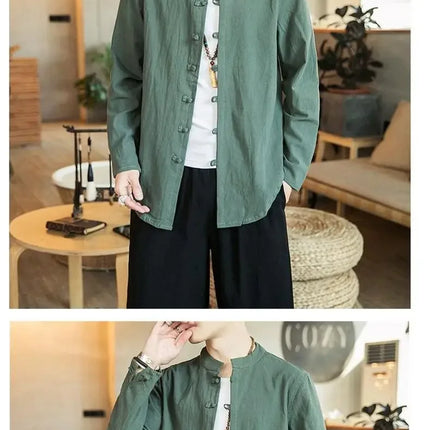 Versatile Loose-fit Long Sleeve Shirt Men's Casual Chinese Style Tang Suit Jacket Summer Lightweight Linen Top