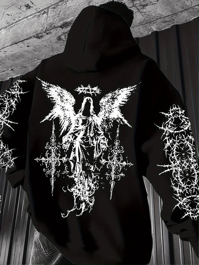 Hot-selling autumn and winter men's Gothic angel print soft and comfortable hooded sports outdoor streetwear