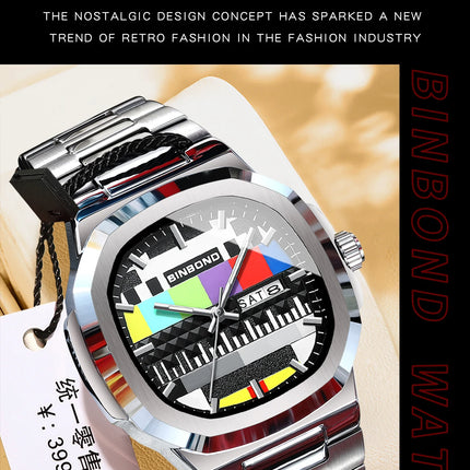 BINBOND Creative TV Dial Men's Watches New Fashion Original Retro Design Luminous Quartz Wristwatch For Man With Calendar Week