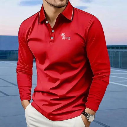 Men's Classic Fit Long Sleeve Polo Shirt with King Logo and Contrast Collar Trim, Premium Comfortable Casual Wear for Men