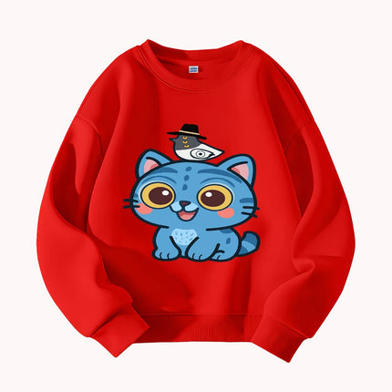 Cute Blue Cat with Hat Print Kids Sweatshirt Toddler Boys Girls Casual Long Sleeve Pullover Autumn Winter Clothes
