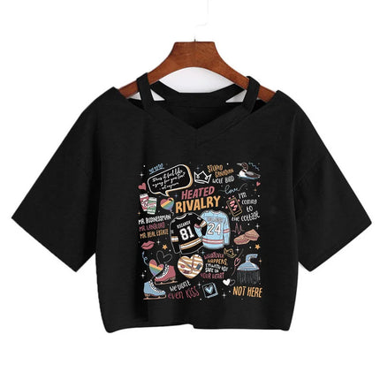 Hot Heated Rivalry Print Cropped T Shirt Women Sexy Graphic CropTops Gothic Vintage T-Shirt Fashion Y2k Streetwear Clothing