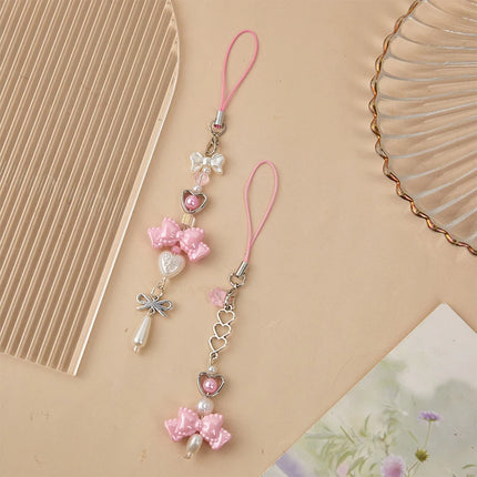 Y2K Pink Bowknot Heart Beaded Keychain Sweet Cute Mobile Phone Lanyard Fresh All-match Bag Pendant Purse Hanging Decoration