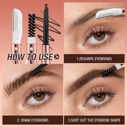 O.TWO.O Eyebrow Pencil 3 in 1 24 Hours Waterproof Long Lasting 4 Colors Brown with Eyebrow Trimmer Cosmetics Makeup Brow Pencil