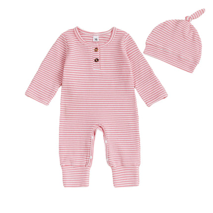 Infant Baby Fall Clothes Romper Stripe Print Long Sleeve Round Neck Full Length Jumpsuit with Hat 2 Pcs Set 0-9m
