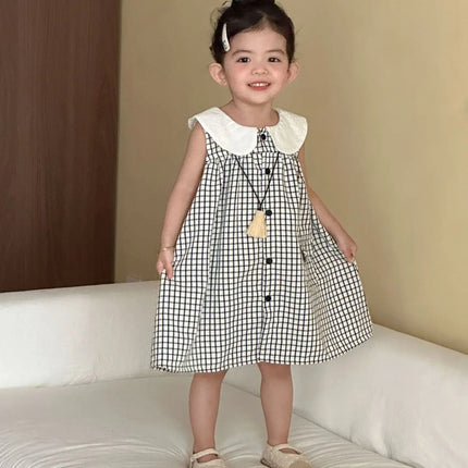RAISE 2026 Summer Children Outfit Muslin Peter Pan Collar Kids Girls Sleeveless Dress Thin Plaid Tank Top Vest+loose Shorts Suit