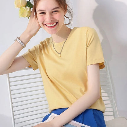 SuyaDream Women Solid T shirts, Silk Cotton Blend, O Neck, Short Sleeved Solid Tee,2025 Summer Candy Colors Basic Cozy Top Green