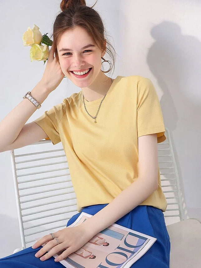 SuyaDream Women's Solid T-shirts, Silk Cotton Blend, O Neck, Short Sleeved Solid Tee, 2025 Summer Candy Colors Basic Cozy Top Green
