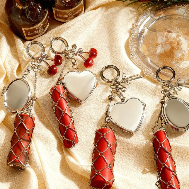 Hot Sale Original Design Bag Pendant Ins Popular Silver Love Mirror Metal Mesh Lipstick Storage Keychain Ring Cross Border